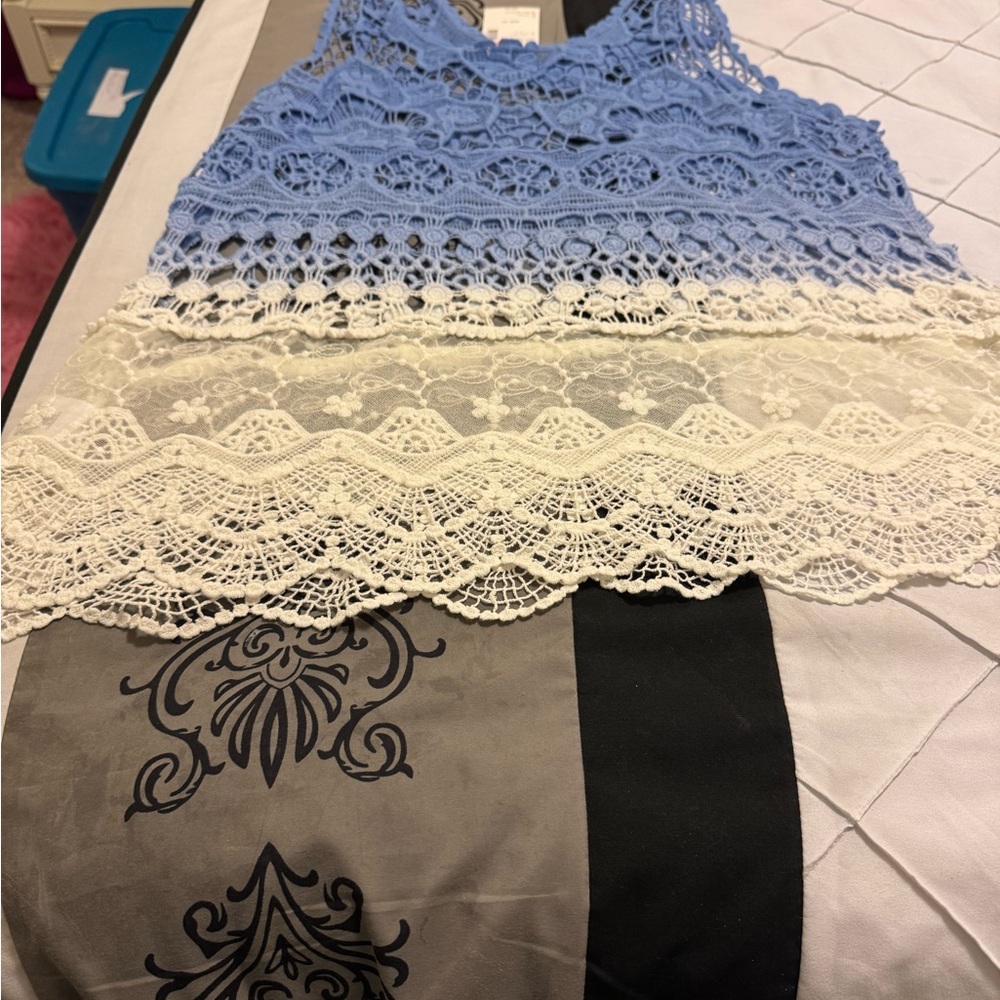 Cropped Blue and Cream Lace crochet Tank Top